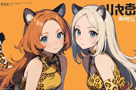 close up,   (facing up:1.2),  (1female), earnest face, orange hair, very long hair, messy hair, forehead,    orange colored big hair ribbon, (animal ears, leopard ears, (leopard skin, leopard)),  Chinese Tassel Belt, Bare Shoulders Chinese Side Slit Dress, Pelvic Curtain,  (magazine, magazine cover background, simple background:1.1), (china, chinese culture),  (best quality, masterpiece, scenery:1.1),