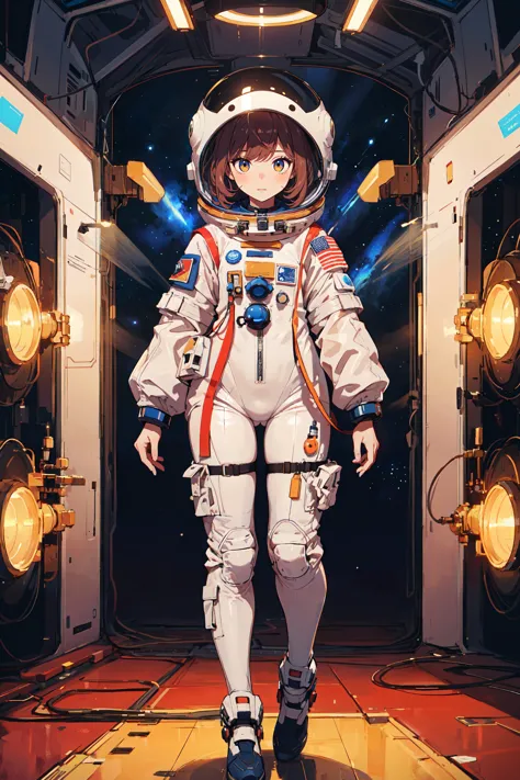 (masterpiece, best quality), solo, ultra high res, 1girl, fullbody, asymmetrical hair, spacesuit, helmet, gloves, night, cute, look at viewer, solo, best quality, ultra high res, ultra detailed, standing in hangar of a space station