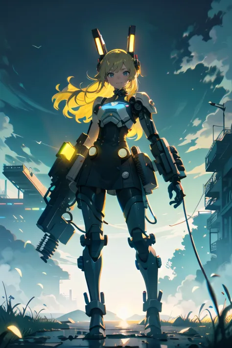 full body,     (1female), happy face, yellow hair, absurdly long hair, curly hair,         one piece dress,  Peaceful Blue Sky, White Clouds, In The Hillside Wildflowers, (Bunny Tail Grass), Light Rays, (Swaying In The Breeze:1.2), (punk, future, futuristic, mechanical,  cyberpunk, neon, grey neon light, mechanical parts, intricate machines:1.2), mecha musume, machinery, exoskeleton, exosuit, mechanical boots, headgear, weapon arms, jetpack, cable, wire, (best quality, masterpiece, scenery:1.1), silhouette, dark theme,
