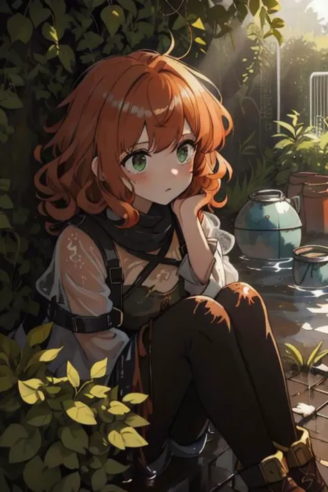 full body, a girl, a pretty woman, close up, face focus, curly hair, short copper-colored hair tinged with gold, white coat, blue see-through skirt, see-through leggings, she is sitting near rushed Dilapidated collapsed manufacture facility steel , rusted steel pipes, rusted iron barrels, rusty iron trusses and shelves, rusted steel pipes, rusted iron barrels, rusted iron trusses and shelves, small containers and drink cans scattered all over the floor, damaged floors with potholes, dripping waters, Water dripping from the roof, overgrown shrubs, overgrown by vines weeds, shaded by greenery, green water submerged, grass, tree canopy, elegant sunlit, weak light and shadows, shaded by greenery