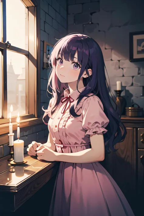 cowboy shot,   (facing up:1.2),  (1female), easygoing face, purple hair, absurdly long hair, wavy hair, hime cut,       (pink victorian dress),  (prison, darkroom:1.2), one window, darkness, (one candle on the table, candle light), cobble stone wall,  (best quality, masterpiece:1.1),