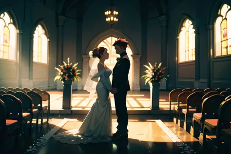 cowboy shot,     (1female), bright face, crimson hair, very short hair, spiked hair, pixie cut,  single hair bun,  intricate hair ornaments,   white wedding dress, off shoulder, long sleeves,  (Wedding ceremony), ceremony, marriage, flowers,  (best quality, masterpiece, scenery:1.1), silhouette,  yellow spotlight, dark theme,