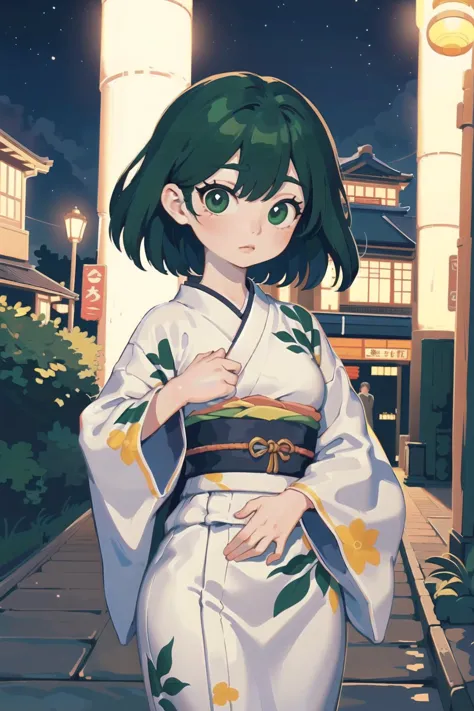 (best quality, masterpiece:1.1),  speedoru_artist, toon \(style\), 3DMM, close up,   (facing up:1.2),  (1female), gentle face, green hair, medium hair, hair between eyes,        bath yukata, ( in a restaurant at night, next to a window reflection sidewalk street, (japan, japanese culture)),