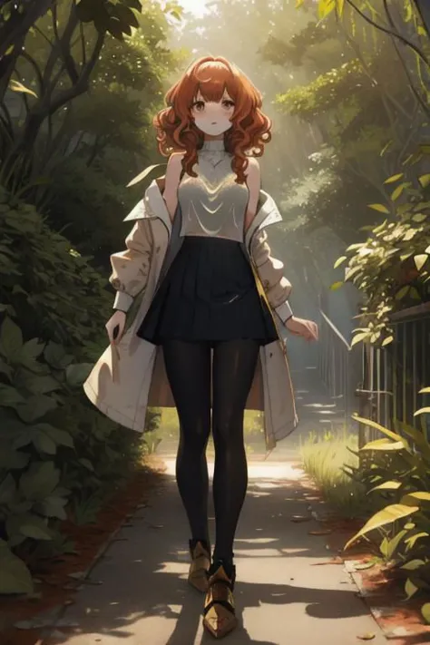 full body, a girl, a pretty woman, curly hair, short copper-colored hair tinged with gold, white coat, blue see-through skirt, see-through leggings, she is standing near (Several rusted damage M1 Abram tanks, armored vehicles), overgrown with vines and weeds and shaded by greenery, green water, tree canopy, elegant sunlit, weak light and shadows,