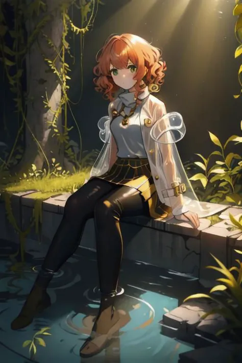 full body, a girl, a pretty woman, curly hair, short copper-colored hair tinged with gold, white coat, blue see-through skirt, s...