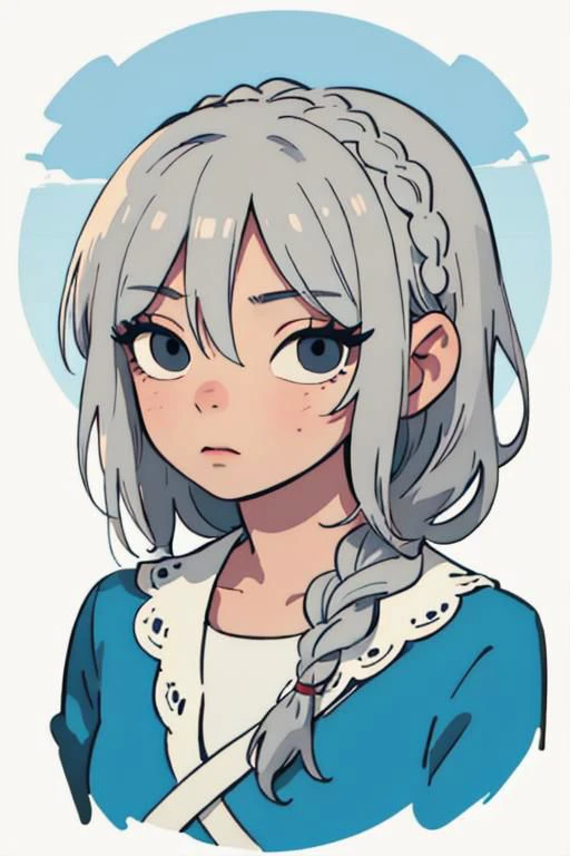 full body, from above,   looking down, (1female),  face, grey hair, medium hair, hair over eyes,   braid,    sky blue dress, (white background:1.3),  (best quality, masterpiece, scenery:1.1),