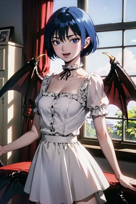 (best quality, masterpiece:1.1),  cowboy shot,  looking outside,   (1female), evil face, blue hair, very short hair, hair between eyes, hime cut,     (fangs), (vampire), bet wings,  one piece dress,