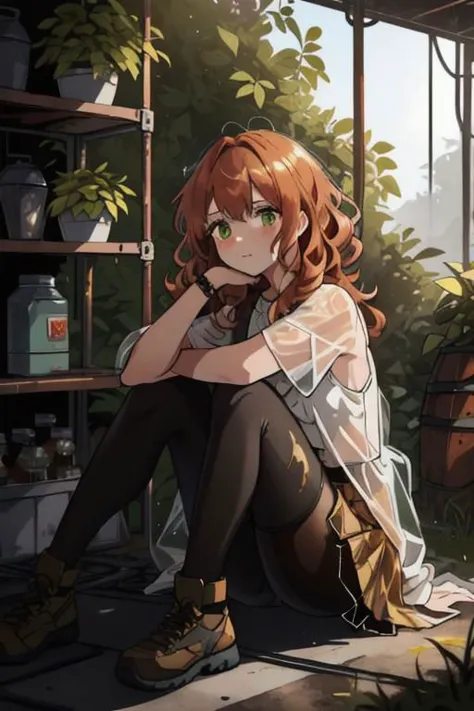 full body, a girl, a pretty woman, close up, face focus, curly hair, short copper-colored hair tinged with gold, white coat, blue see-through skirt, see-through leggings, she is sitting in rushed Dilapidated collapsed manufacture facility steel room, rusted steel pipes, rusted iron barrels, rusty iron trusses and shelves, rusted steel pipes, rusted iron barrels, rusted iron trusses and shelves, small containers and drink cans scattered all over the floor, damaged floors with potholes, dripping waters, Water dripping from the roof, overgrown shrubs, overgrown by vines weeds, shaded by greenery, green water submerged, grass, tree canopy, elegant sunlit, weak light and shadows, canopy, sunlit, weak lights and shadows,