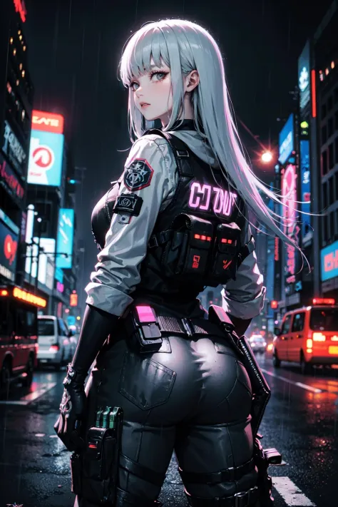 (best quality, masterpiece:1.1), (Intricate detailed:1.2),   cowboy shot,  looking back,   1girl, aroused face, grey hair, absurdly long hair, blunt bangs,         (bulletproof vest, bullet pouch on top of the bulletproof vest, combat pants), hoodie, wearing boots, holster on the thigh, black gloves BREAK ( (neon lights), future, cyberpunk, cyberpunk city, graffiti, (rain)) in the background,