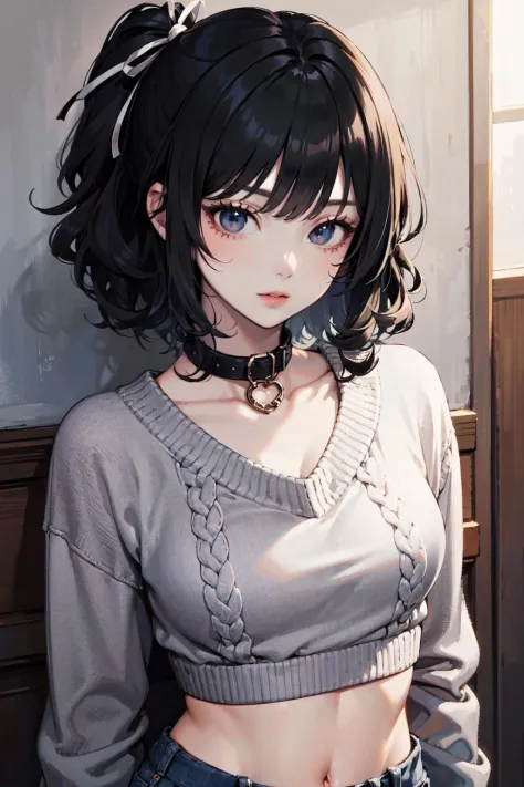 (best quality, masterpiece:1.1), (Intricate detailed:1.2),   upper body,     1girl, desired face, grey hair, medium hair, curly hair,   quin tails,  black colored hair ribbon,   sweater, crop sweater, collar, jeans shorts,
