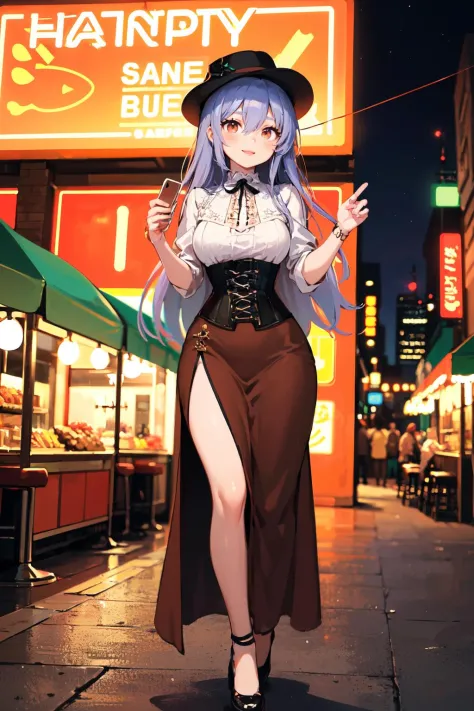 (best quality, masterpiece:1.1), (Intricate detailed:1.2),   full body,    looking down, (1girl), happy face, rainbow hair, very long hair, hair between eyes,        (brown victorian dress, corset) BREAK ( (On City Food Street At Night:1.2), Crowded, Neon Light Signboards, String Lights, (Food Court Outdoor, Diners At The Food Stall), Bustling, (fantasy, medieval, ancient)) in the background,
