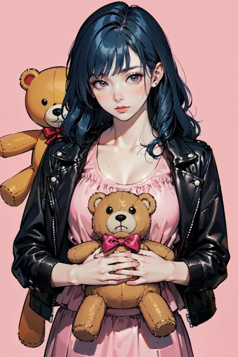 (best quality, masterpiece:1.1),   upper body,    looking down, (1female), envious face, blue hair, long hair, wavy hair, undercut,       leather jacket, long skirt, ((stuffed toy, stuffed animal:1.2), pink background, teddy bear),