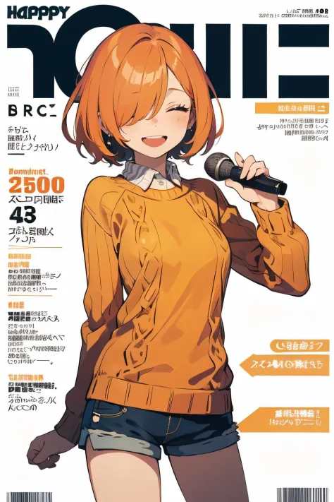 close up,     (1female), happy face, orange hair, very short hair, hair over eyes,         (pullover, shorts:1.2), (Idol:1.2), (singer:1.2),  (magazine, magazine cover background, simple background:1.1), (Idol), (singer),  (best quality, masterpiece, scenery:1.1),