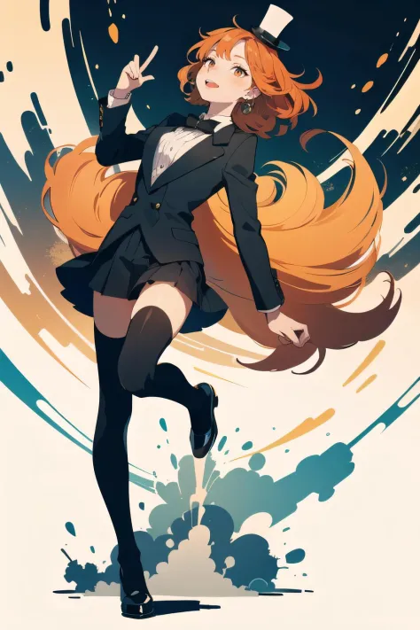 full body, sideview,   looking up, (1female), ecstasy face, orange hair, medium hair, spiked hair, undercut,       (mini top hat:1.2), (earrings:1.2), tuxedo, pocket watch, white thighhighs,  (graffiti on character:0.3), (Ink swirling around the character:1.2),  (best quality, masterpiece, scenery:1.1),