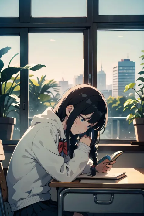 upper body,   (facing down:1.2),  (1female), frustrated face, black hair, very long hair, flipped hair, cornrows,        hoodie and , pants, gamer girl at the desk, books and plants,  (best quality, masterpiece, scenery:1.1),