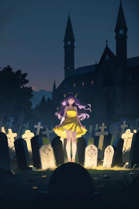 full body,     (1female), smiling face, purple hair, absurdly long hair, wavy hair,        dress, yellow dress, jewelry, sleeveless, bare shoulders,  (graveyard), outdoors, (fantasy, medieval, ancient),  (best quality, masterpiece, scenery:1.1), silhouette, dark theme,