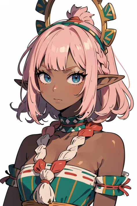 upper body,     (1female), arrogant face, pink hair, asymmetrical bangs, wavy hair, undercut,     elf, pointy ears, wearing SSAHC, SSAHC, colorful tribal dress, headdress, (tribe, tribal:1.2), (white background:1.3),  (best quality, masterpiece, scenery:1.1),