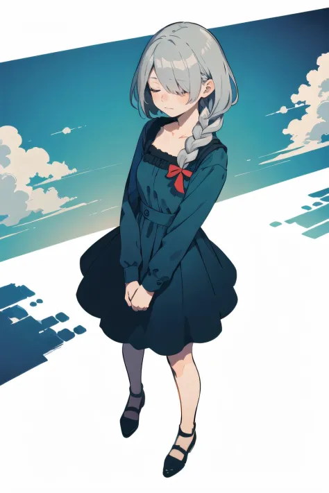 full body, from above,   looking down, (1female),  face, grey hair, medium hair, hair over eyes,   braid,    sky blue dress, (white background:1.3),  (best quality, masterpiece, scenery:1.1),