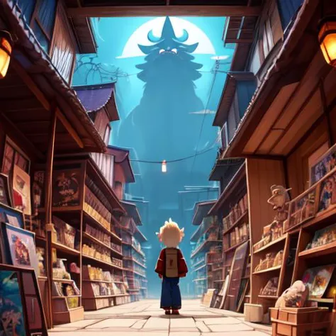 a cartoon character standing in a book store with a giant animal