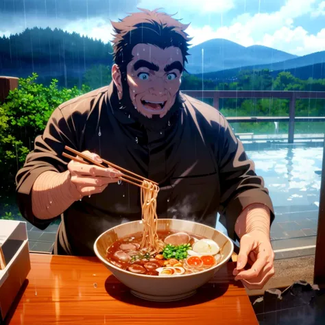 anime character eating noodles with chopsticks at a table