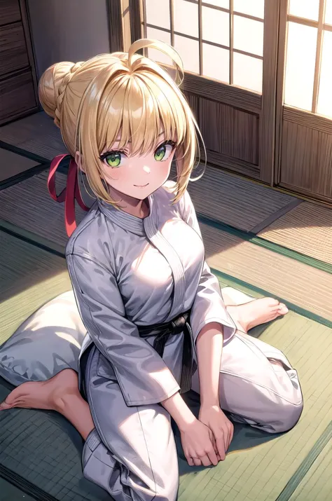 (masterpiece, best quality, detailed), 1girl, solo, looking at viewer, aanero, ahoge, braid, single hair bun, hair ribbon, green eyes, medium breasts,
<lora:Dougi2:1>, dougi, indoors, tatami, sliding doors, cushion, electric fan, kotatsu, wariza, hand between legs, from above, smile, closed mouth