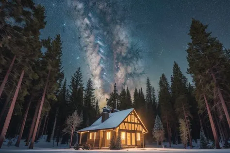 a safe cabin in the woods in the evening with warm light coming from the windows and stars in the sky  , <hypernet:longexposure:1>