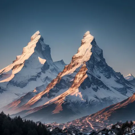 highly detailed evening cityscape of matterhorn, switzerland,   hd, trending on artstation, volumetric lighting, dof,   <hyperne...