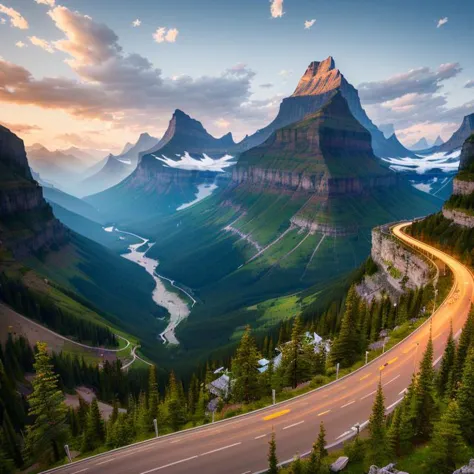 highly detailed evening cityscape of Glacier National Park, Montana,   hd, trending on artstation, volumetric lighting, dof,   <hypernet:longexposure:1>