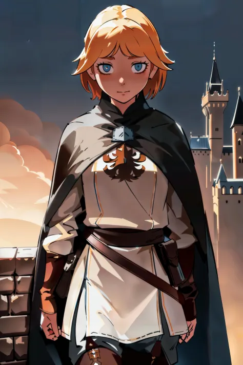 solo, masterpiece, best quality, (ultra-detailed:1.2), intricate detail, realistic, 1girl on a castle wall, medieval castle, outdoors, gloomy lighting, (afternoon:1.2), (neia, bags_under_eyes:1.4), white shirt, black cloak, brown pants, thigh boots, belt, small pupils, (eyebags:1.2), sunken eyes