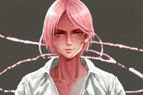 anime girl with pink hair and a white shirt