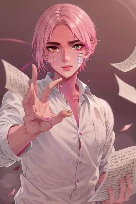 anime girl with pink hair and white shirt holding up a peace sign