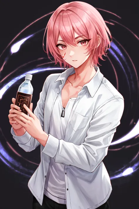 anime girl with pink hair holding a bottle of water