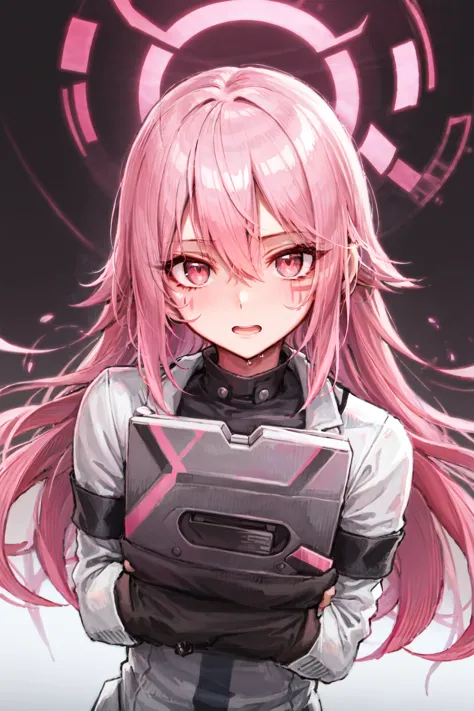 anime girl with pink hair holding a tablet computer