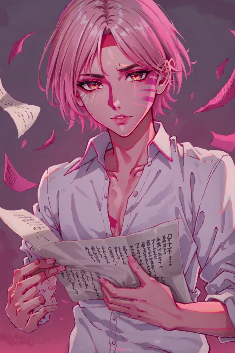 anime girl reading a book with pink hair and a white shirt