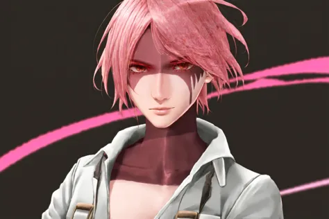 anime character with pink hair and a hoodie posing for a picture