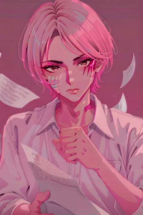 anime girl with pink hair and a white shirt holding a cup