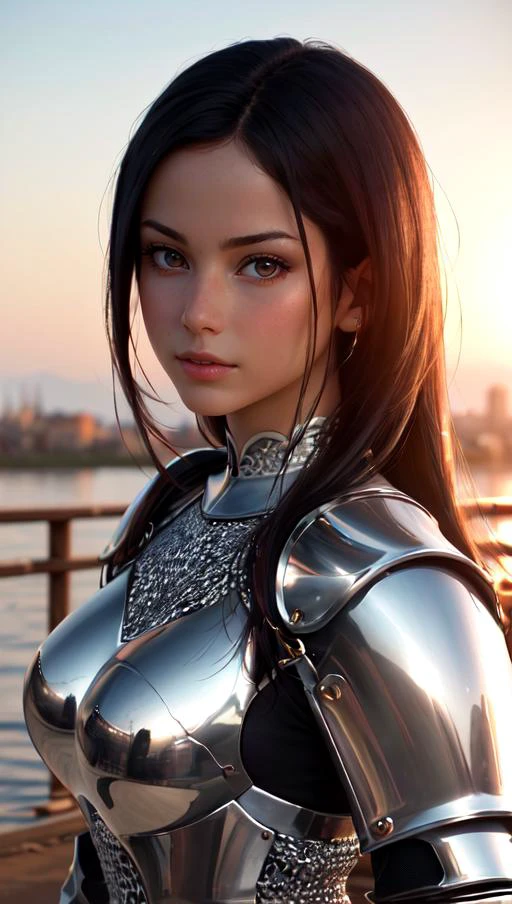 Portrait of a girl, the most beautiful in the world, (medieval armor), metal reflections, upper body, outdoors, intense sunlight, far away castle, professional photograph of a stunning woman detailed, sharp focus, dramatic, award winning, cinematic lighting, volumetrics dtx, (film grain, blurry background, blurry foreground, bokeh, depth of field, sunset, interaction, Perfectchainmail), (masterpiece), (extremely intricate:1.3), (ultra realistic),