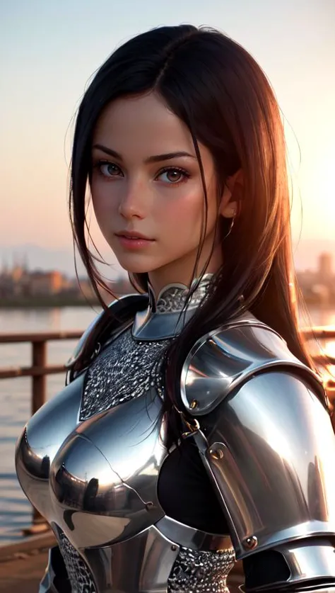 Portrait of a girl, the most beautiful in the world, (medieval armor), metal reflections, upper body, outdoors, intense sunlight...