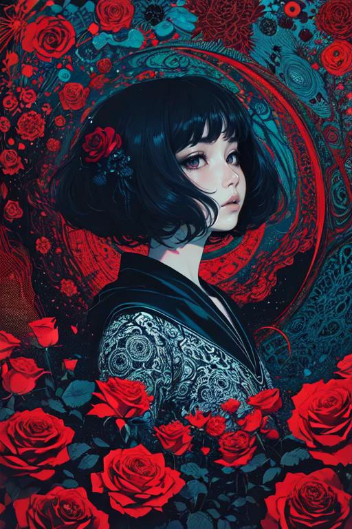 (arte abstracto:1.2), fractal art, arte psicodélico, (estilo de Yuko Shimizu:1.1), tema rojo, Tema oscuro, 1 chica, rosas, adorno para el pelo, expresión sombría, acento azul oscuro, Obra maestra, mejor calidad, resolución ultra alta, arte premiado, muy detallado, hermoso, estético