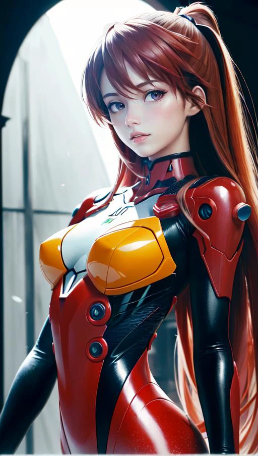 (best quality, masterpiece, colorful, dynamic angle, highest detailed)(Asuka Langley), upper body photo, fashion photography of cute red long hair girl (Asuka Langley), dressing  high detailed Evangelion red suit (high resolution textures), in dynamic pose, bokeh, (intricate details, hyperdetailed:1.15), detailed, sunlight passing through hair, monocromatic splash art background(high contrast, official art, extreme detailed, highest detailed),