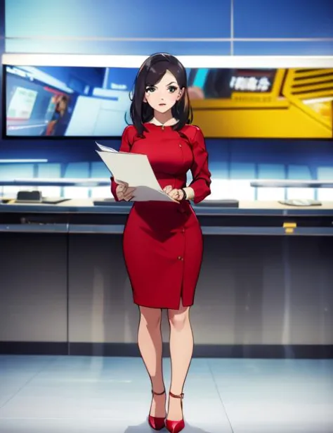 JS_News,leading news,in news studio,big screen in the background,1girl,standing,papers in hands,red dress,full body,  <lora:JS_N...