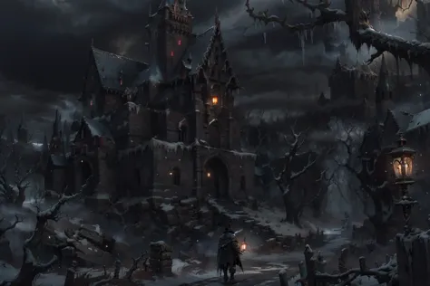 Bloodborne,<lora:Bloodborne:0.6>,(gothic castle:1.2),man,With a lantern in his hand.,Hunter,solo,crumbling architecture,studio l...