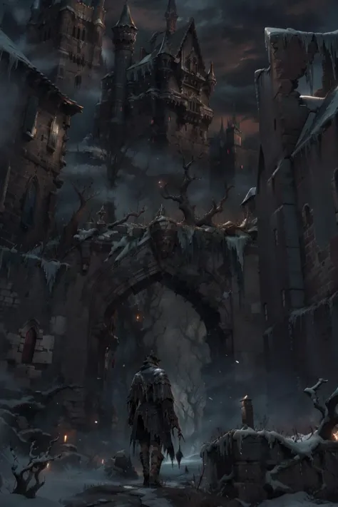 Bloodborne,(gothic castle:1.2),man,Hunter,solo,crumbling architecture,decaying gargoyles,dead vines cling to stone,silhouette of lone hunter stands upon ramparts,tattered cloak flickering in icy wind,