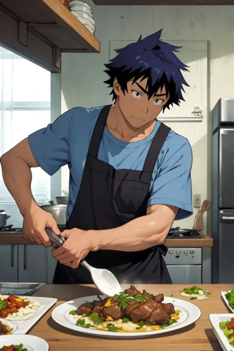 anime man in apron preparing food in kitchen with plates of food