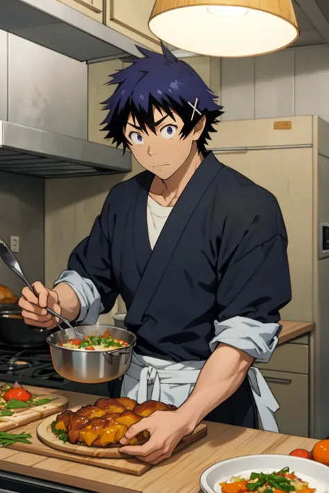 anime character preparing food in a kitchen with a stove and a stove top