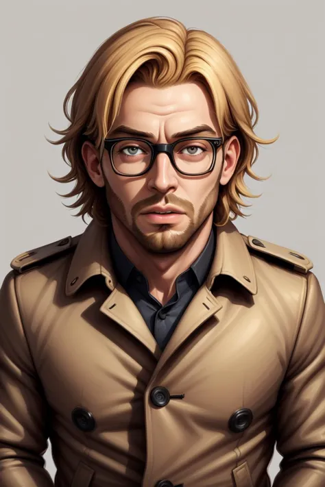 realistic photorealistic detailed intricate, pastel oil painting of man in a trench coat, sun glasses, blonde hair,