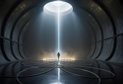 a man standing in a tunnel with a light shining through it