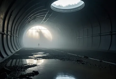 a person standing in a tunnel with a light coming out of it