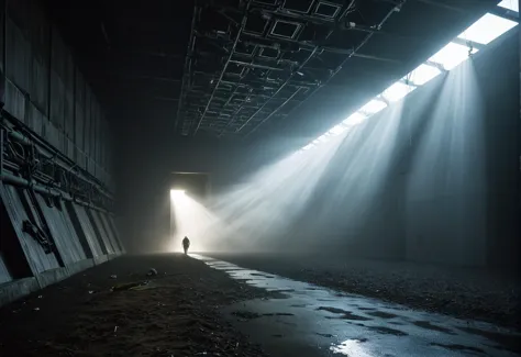 a person standing in a dark room with light coming through the ceiling