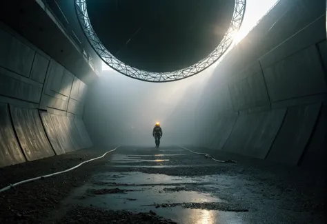 arafed image of a person walking in a tunnel with a light shining through the tunnel